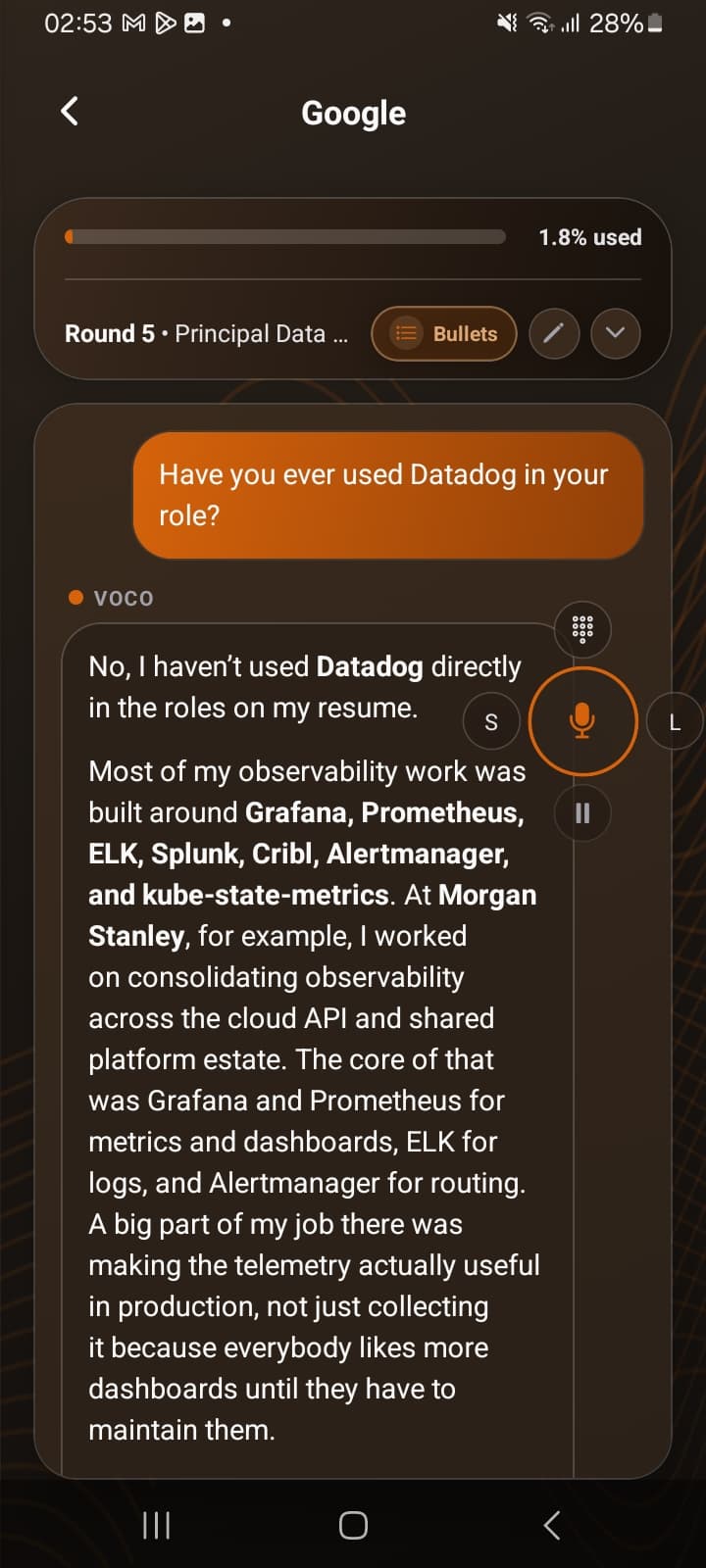 Strict-mode answer for the sample question — answer anchored to real resume experience.