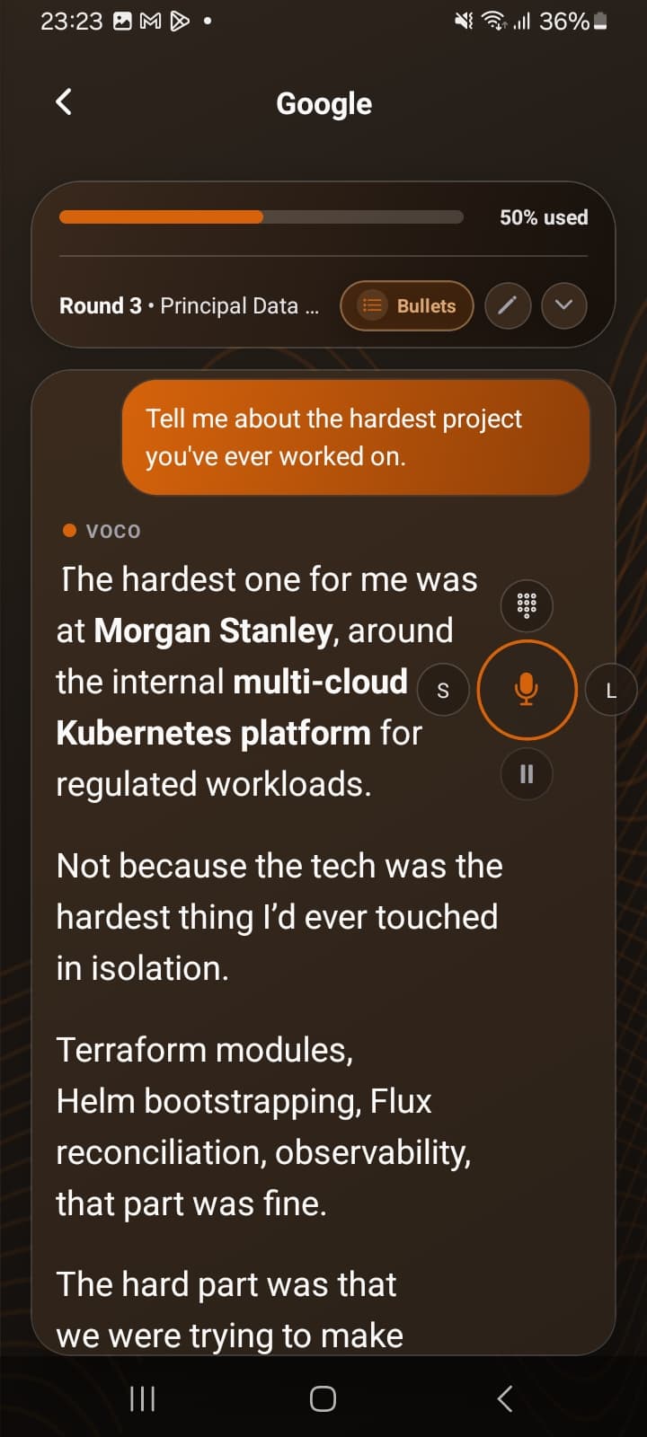 Full screen mode — same answer rendered larger, each sentence as its own bullet.