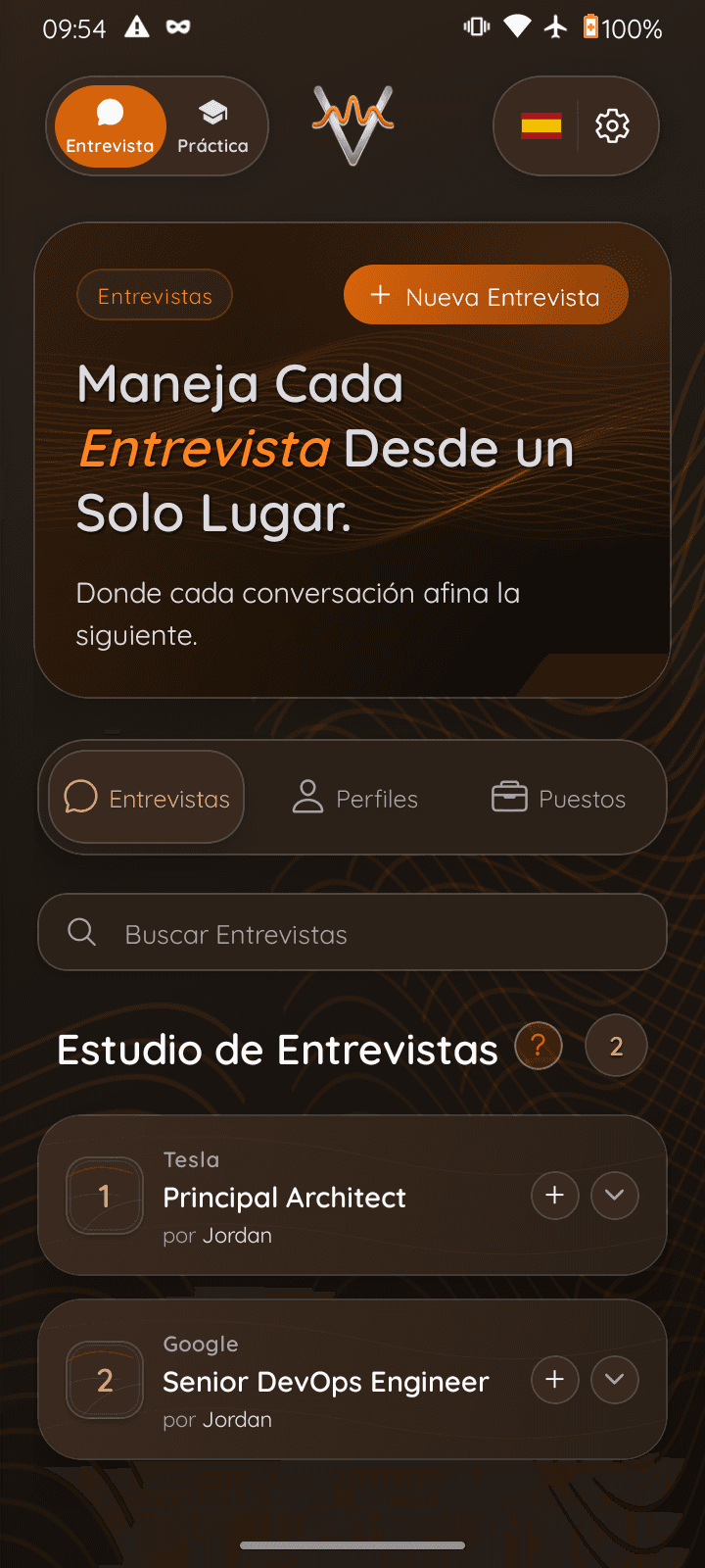 VOCO workspace home in Spanish — interview list and studio.