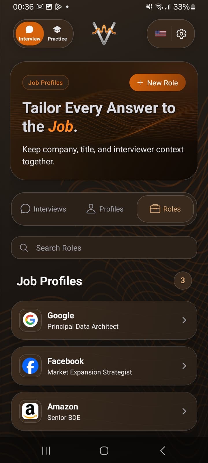 The VOCO app showing a list of saved roles — Senior Backend at Stripe, Staff PM at Anthropic, and others — with one selected for an upcoming interview.