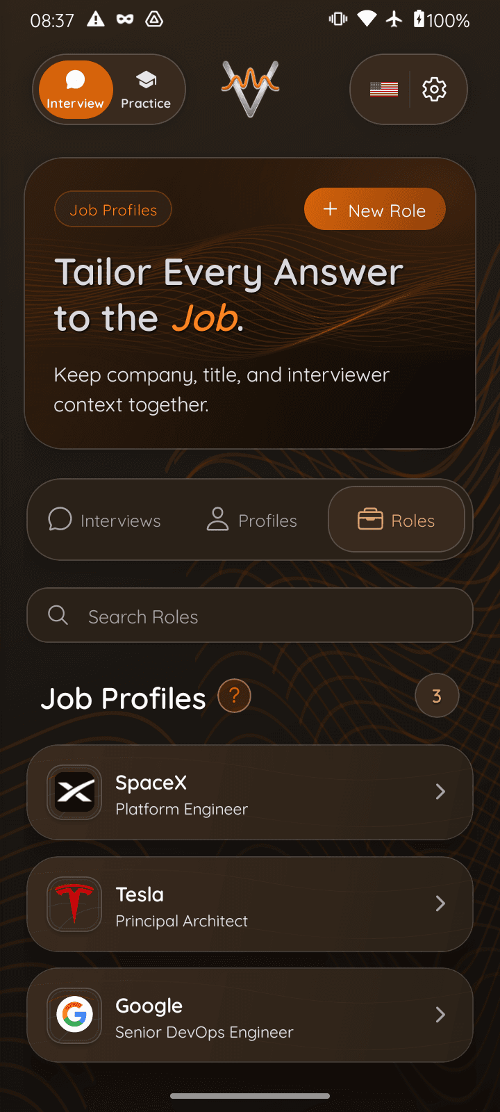 The VOCO Roles screen — saved job profiles for SpaceX, Tesla and Google, each keeping company, title and interviewer context together.