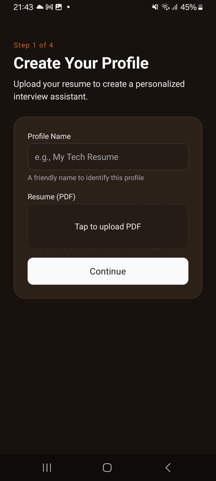 Resume upload screen with an upload zone and CTA.