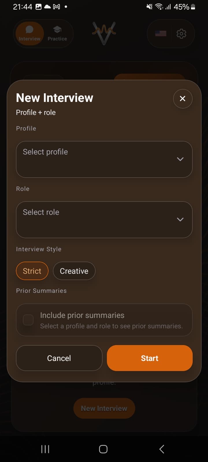 Interview creation screen showing profile selector, role title, Strict/Creative toggle (both options visible, one selected), and prominent Start Interview CTA.